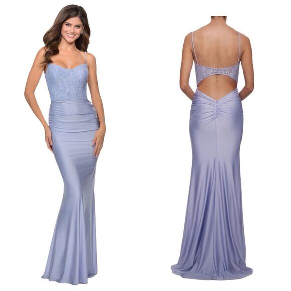LA FEMME Lilac Scoop Neck Formal Lace & Crystal Sheath Gown - Picture 1 of 13